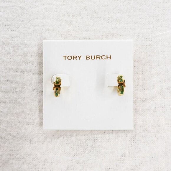 Tory Burch Serif-T Enamel Huggie Hoop Earrings Green OS - Picture 12 of 12